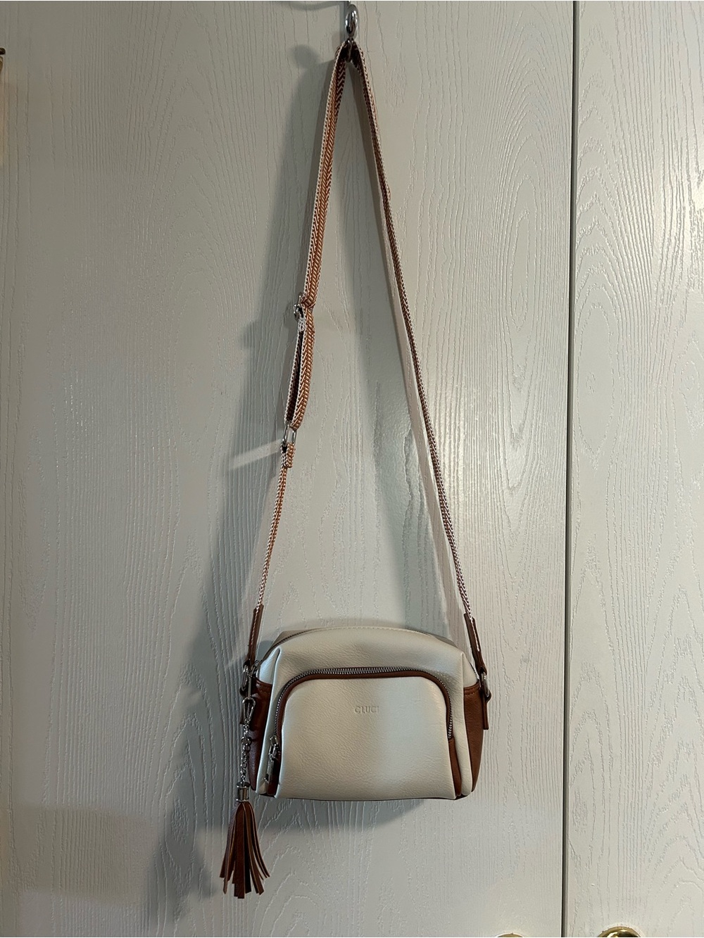 Cream and Brown Leather Crossbody Bag with Tassel - Designer Style